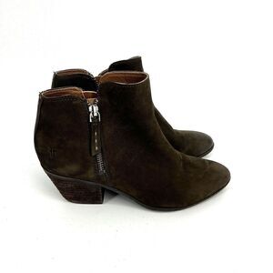Frye Boots Size 7 Womens Brown Judy Nubuck Leather Double Zip Ankle Cowboy Heel